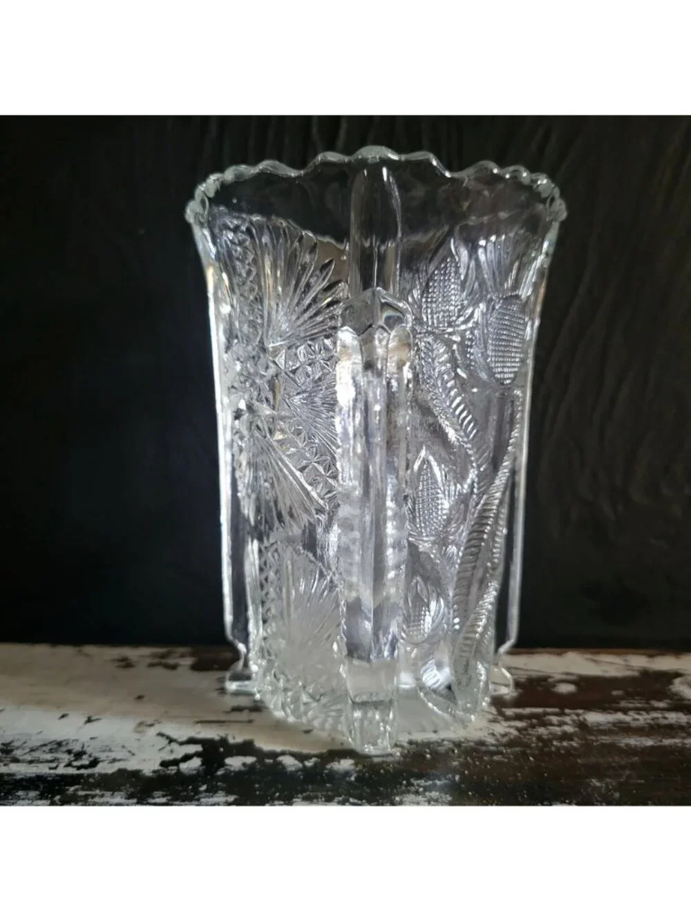 Antique JB Higbee Glass Inverted Thistle & Flower Two-Handled Spooner